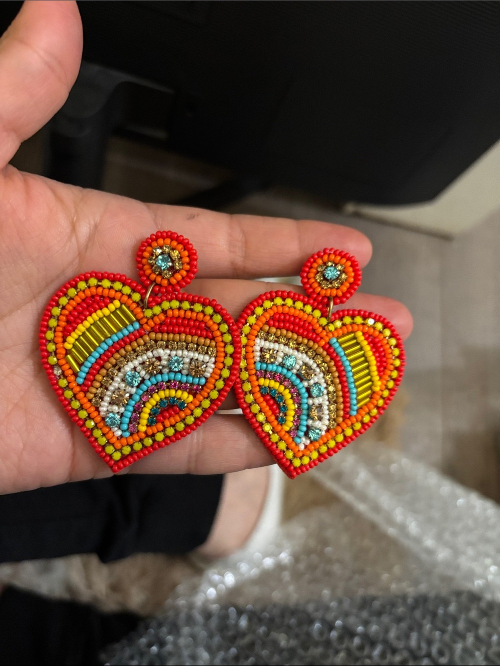 Handmade Multicolor Beaded Heart Drop Earrings